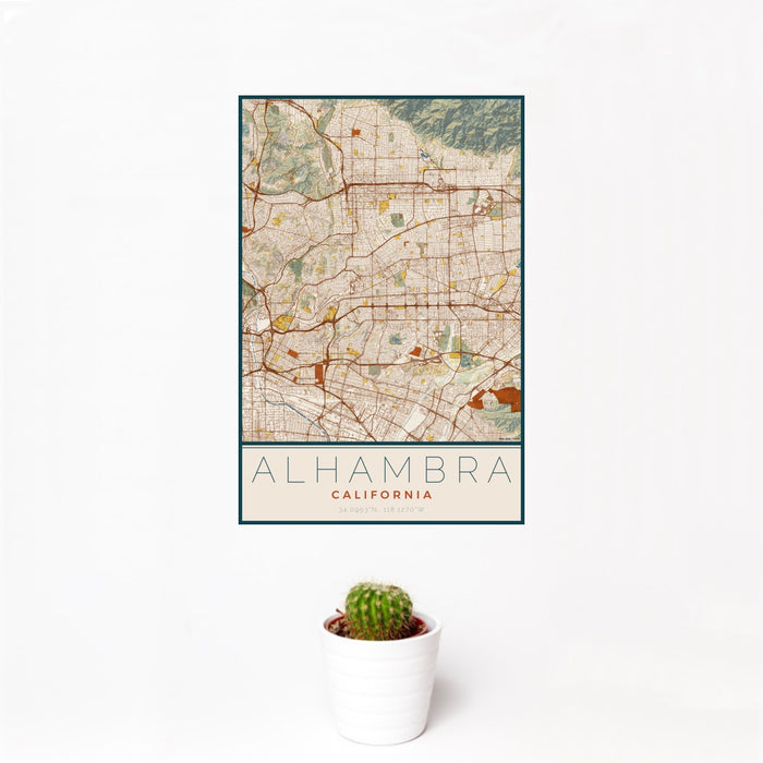 12x18 Alhambra California Map Print Portrait Orientation in Woodblock Style With Small Cactus Plant in White Planter