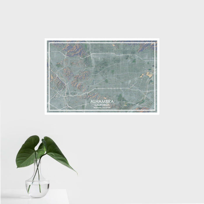 16x24 Alhambra California Map Print Landscape Orientation in Afternoon Style With Tropical Plant Leaves in Water
