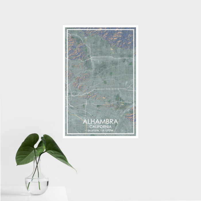 16x24 Alhambra California Map Print Portrait Orientation in Afternoon Style With Tropical Plant Leaves in Water