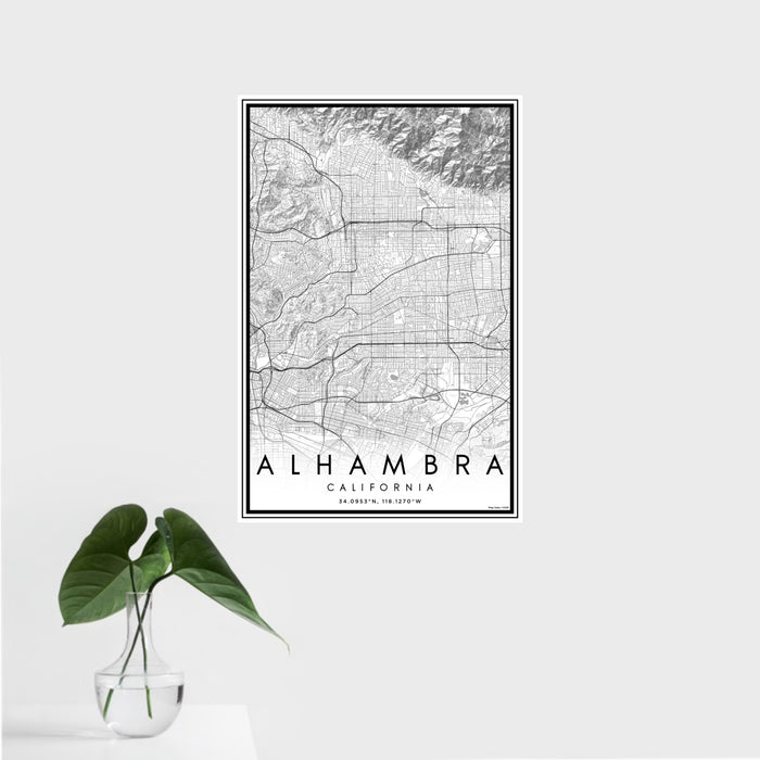 16x24 Alhambra California Map Print Portrait Orientation in Classic Style With Tropical Plant Leaves in Water