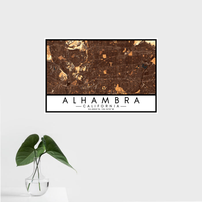 16x24 Alhambra California Map Print Landscape Orientation in Ember Style With Tropical Plant Leaves in Water