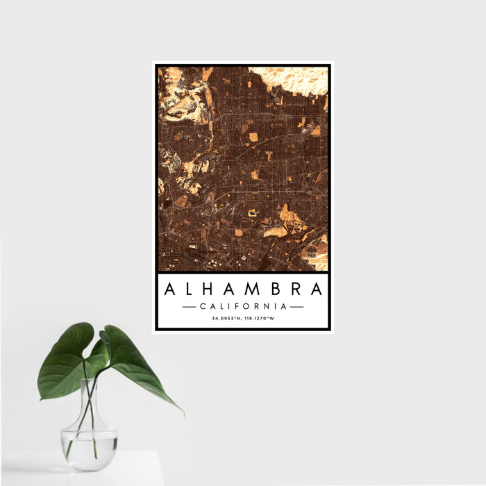 16x24 Alhambra California Map Print Portrait Orientation in Ember Style With Tropical Plant Leaves in Water