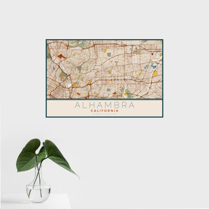 16x24 Alhambra California Map Print Landscape Orientation in Woodblock Style With Tropical Plant Leaves in Water