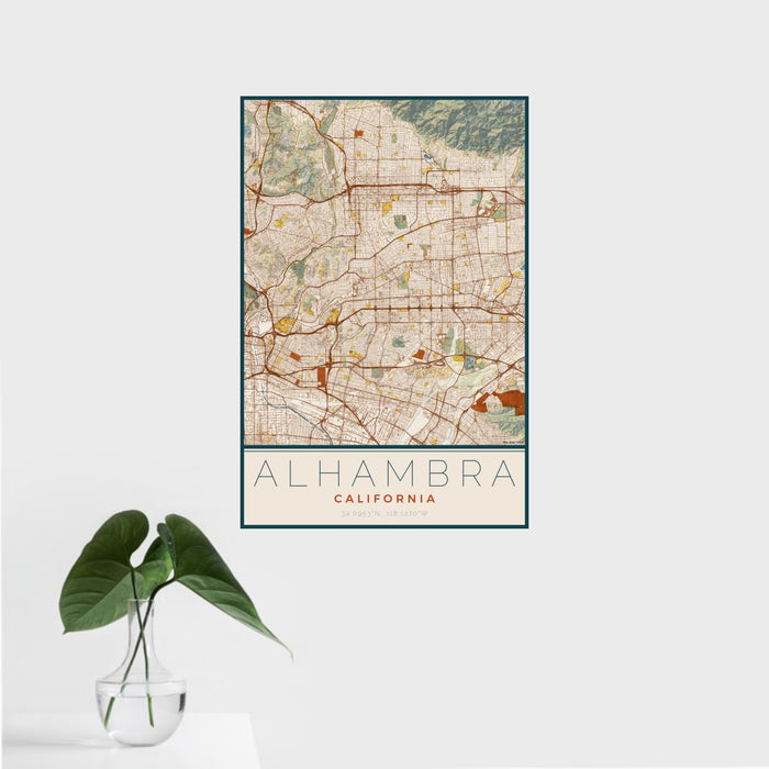 16x24 Alhambra California Map Print Portrait Orientation in Woodblock Style With Tropical Plant Leaves in Water