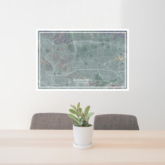 24x36 Alhambra California Map Print Lanscape Orientation in Afternoon Style Behind 2 Chairs Table and Potted Plant