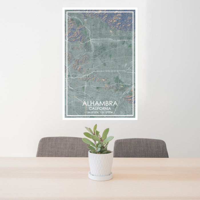 24x36 Alhambra California Map Print Portrait Orientation in Afternoon Style Behind 2 Chairs Table and Potted Plant