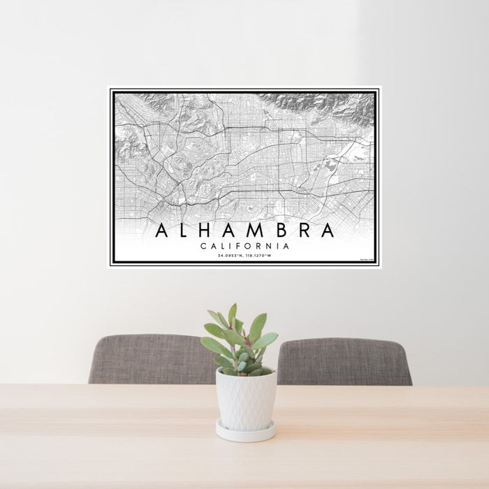 24x36 Alhambra California Map Print Lanscape Orientation in Classic Style Behind 2 Chairs Table and Potted Plant