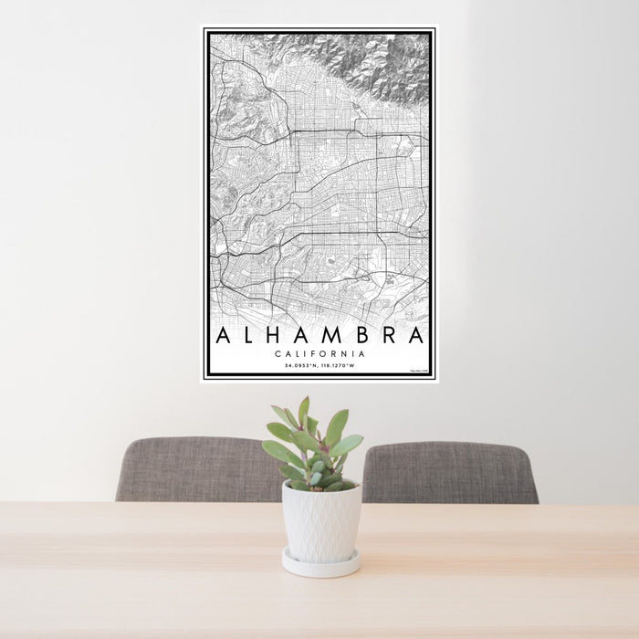 24x36 Alhambra California Map Print Portrait Orientation in Classic Style Behind 2 Chairs Table and Potted Plant