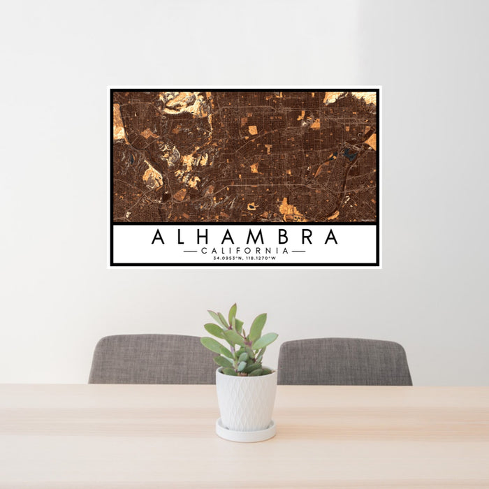 24x36 Alhambra California Map Print Lanscape Orientation in Ember Style Behind 2 Chairs Table and Potted Plant