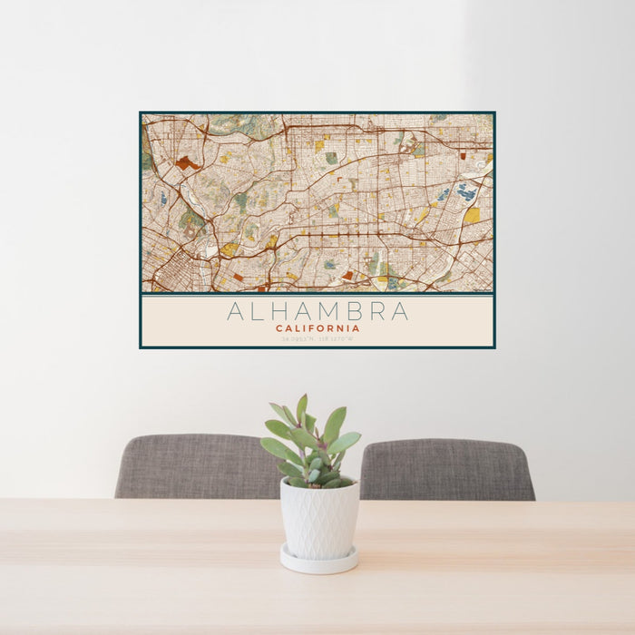 24x36 Alhambra California Map Print Lanscape Orientation in Woodblock Style Behind 2 Chairs Table and Potted Plant