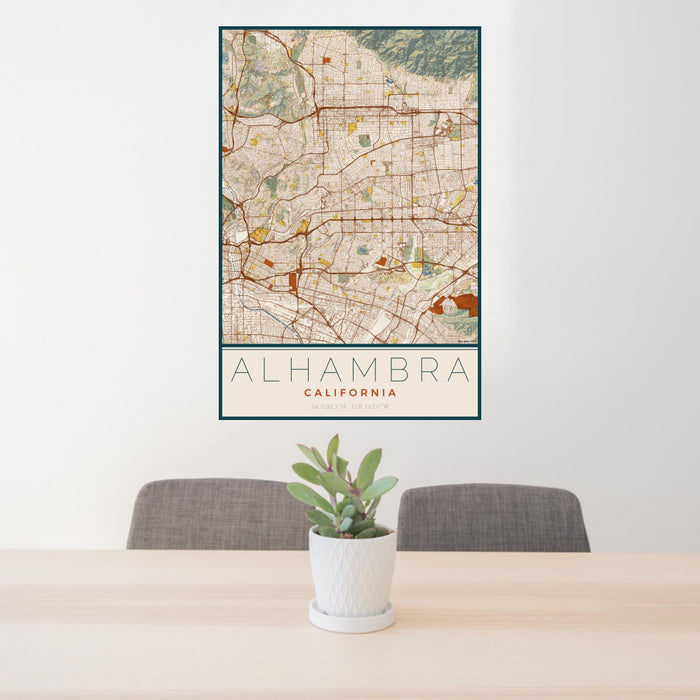 24x36 Alhambra California Map Print Portrait Orientation in Woodblock Style Behind 2 Chairs Table and Potted Plant