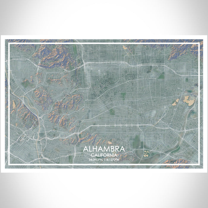 Alhambra California Map Print Landscape Orientation in Afternoon Style With Shaded Background