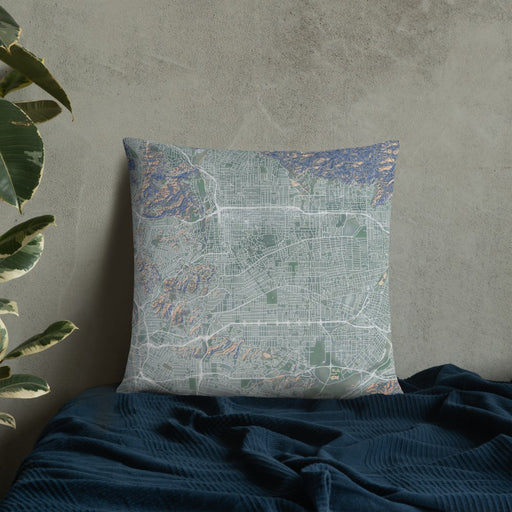 Custom Alhambra California Map Throw Pillow in Afternoon on Bedding Against Wall