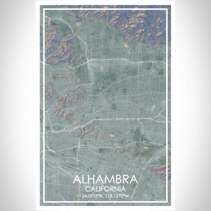 Alhambra California Map Print Portrait Orientation in Afternoon Style With Shaded Background