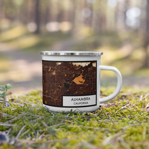 Right View Custom Alhambra California Map Enamel Mug in Ember on Grass With Trees in Background