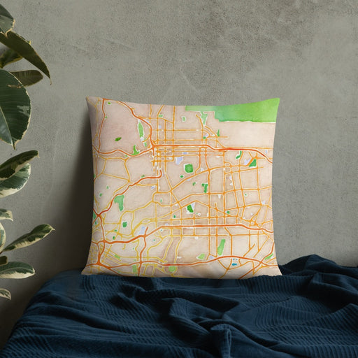 Custom Alhambra California Map Throw Pillow in Watercolor on Bedding Against Wall