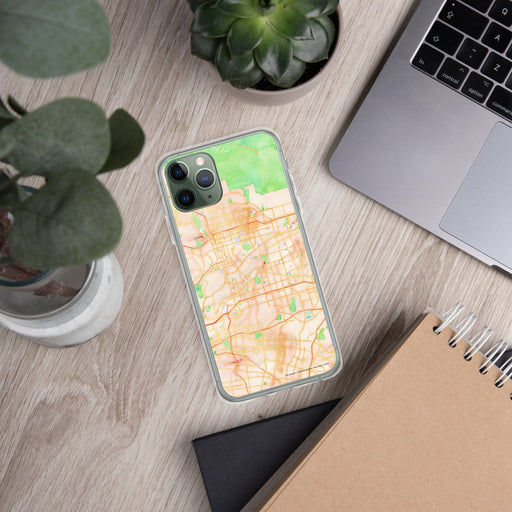 Custom Alhambra California Map Phone Case in Watercolor on Table with Laptop and Plant