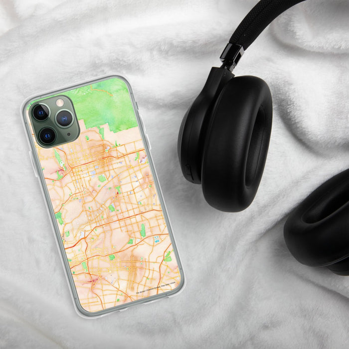 Custom Alhambra California Map Phone Case in Watercolor on Table with Black Headphones