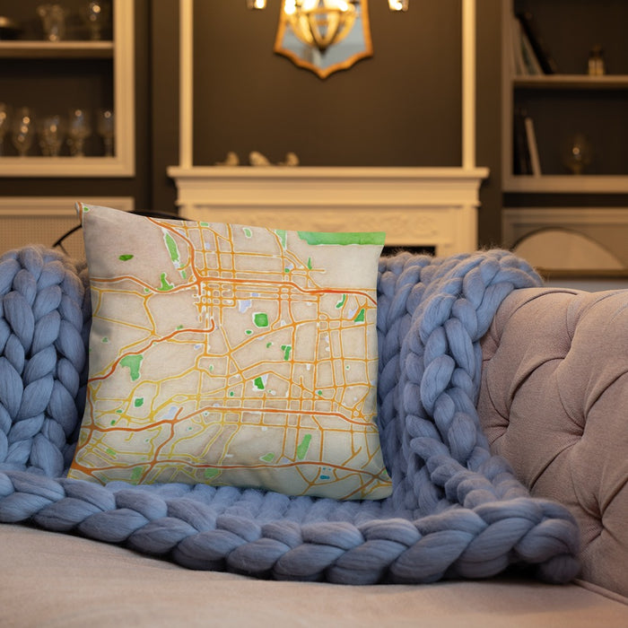 Custom Alhambra California Map Throw Pillow in Watercolor on Cream Colored Couch