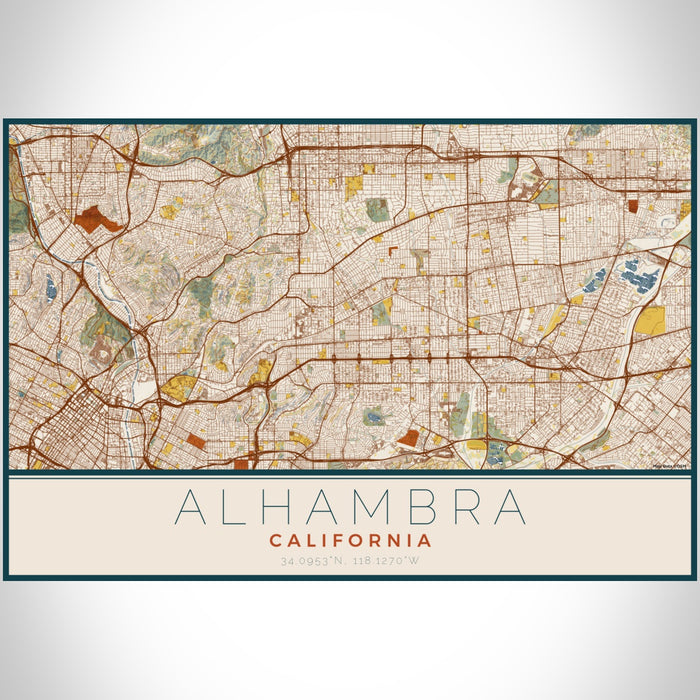 Alhambra California Map Print Landscape Orientation in Woodblock Style With Shaded Background