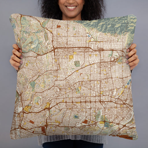 Person holding 22x22 Custom Alhambra California Map Throw Pillow in Woodblock