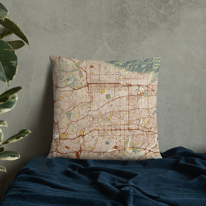 Custom Alhambra California Map Throw Pillow in Woodblock on Bedding Against Wall