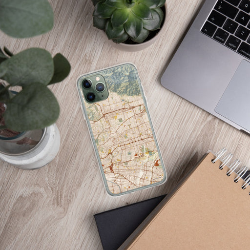 Custom Alhambra California Map Phone Case in Woodblock on Table with Laptop and Plant
