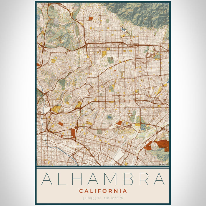 Alhambra California Map Print Portrait Orientation in Woodblock Style With Shaded Background