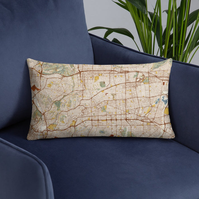 Custom Alhambra California Map Throw Pillow in Woodblock on Blue Colored Chair