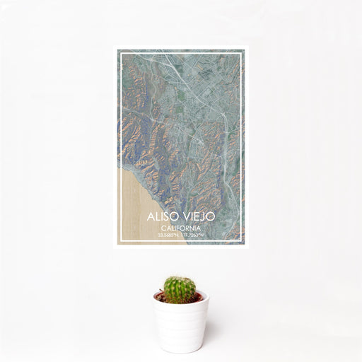 12x18 Aliso Viejo California Map Print Portrait Orientation in Afternoon Style With Small Cactus Plant in White Planter