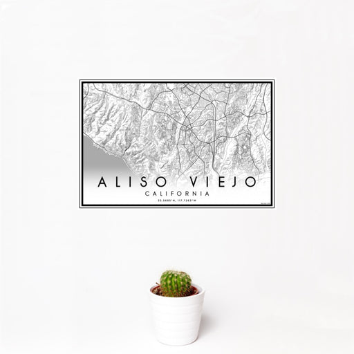 12x18 Aliso Viejo California Map Print Landscape Orientation in Classic Style With Small Cactus Plant in White Planter