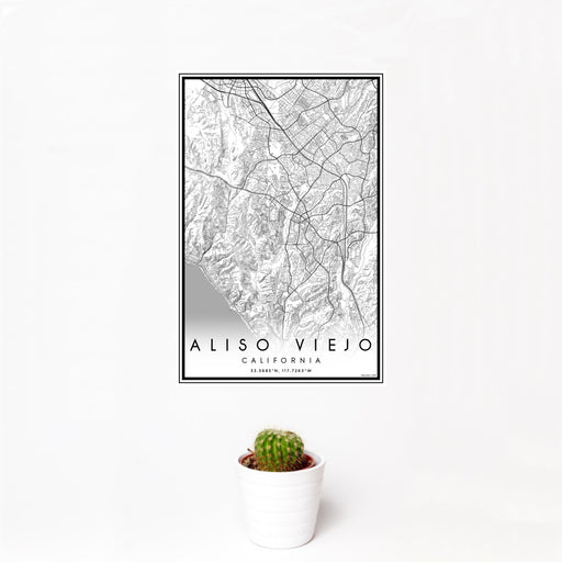12x18 Aliso Viejo California Map Print Portrait Orientation in Classic Style With Small Cactus Plant in White Planter