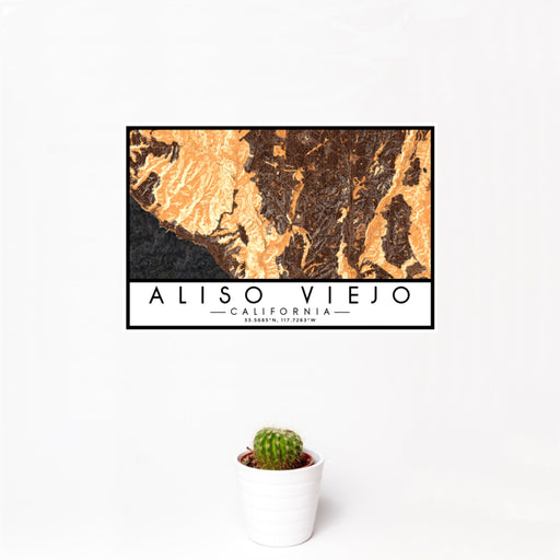 12x18 Aliso Viejo California Map Print Landscape Orientation in Ember Style With Small Cactus Plant in White Planter