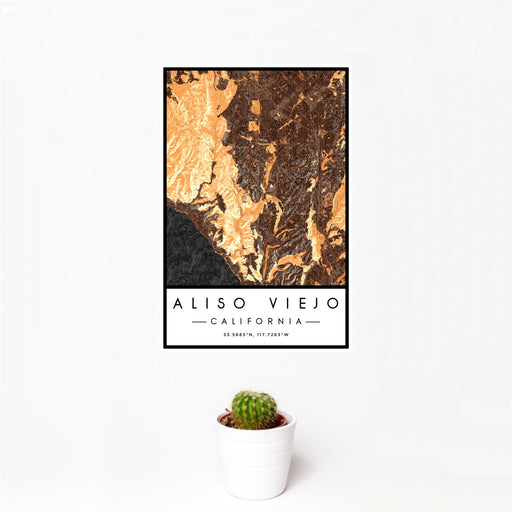 12x18 Aliso Viejo California Map Print Portrait Orientation in Ember Style With Small Cactus Plant in White Planter