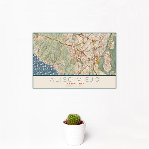 12x18 Aliso Viejo California Map Print Landscape Orientation in Woodblock Style With Small Cactus Plant in White Planter