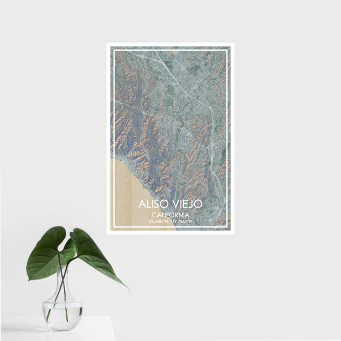 16x24 Aliso Viejo California Map Print Portrait Orientation in Afternoon Style With Tropical Plant Leaves in Water