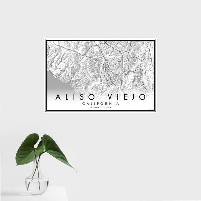 16x24 Aliso Viejo California Map Print Landscape Orientation in Classic Style With Tropical Plant Leaves in Water