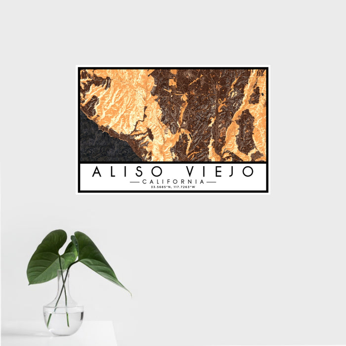 16x24 Aliso Viejo California Map Print Landscape Orientation in Ember Style With Tropical Plant Leaves in Water