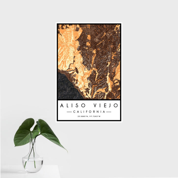 16x24 Aliso Viejo California Map Print Portrait Orientation in Ember Style With Tropical Plant Leaves in Water