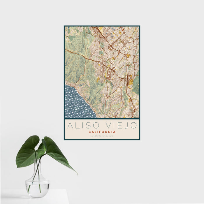 16x24 Aliso Viejo California Map Print Portrait Orientation in Woodblock Style With Tropical Plant Leaves in Water
