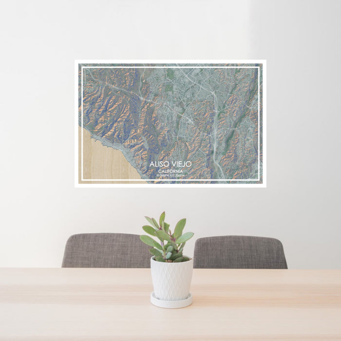 24x36 Aliso Viejo California Map Print Lanscape Orientation in Afternoon Style Behind 2 Chairs Table and Potted Plant