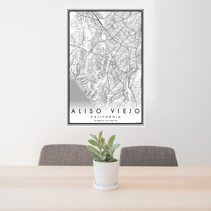 24x36 Aliso Viejo California Map Print Portrait Orientation in Classic Style Behind 2 Chairs Table and Potted Plant