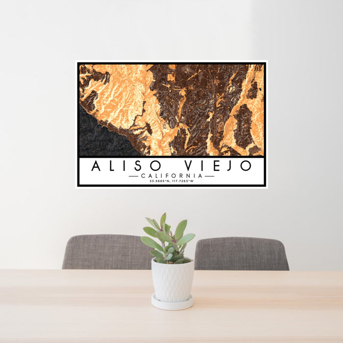 24x36 Aliso Viejo California Map Print Lanscape Orientation in Ember Style Behind 2 Chairs Table and Potted Plant