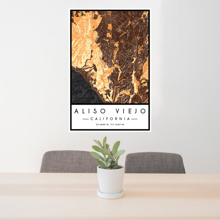 24x36 Aliso Viejo California Map Print Portrait Orientation in Ember Style Behind 2 Chairs Table and Potted Plant