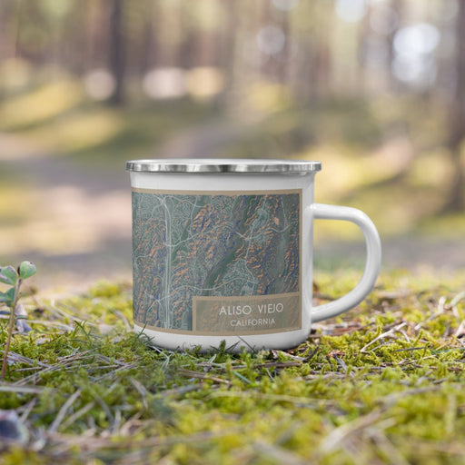 Right View Custom Aliso Viejo California Map Enamel Mug in Afternoon on Grass With Trees in Background