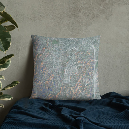 Custom Aliso Viejo California Map Throw Pillow in Afternoon on Bedding Against Wall