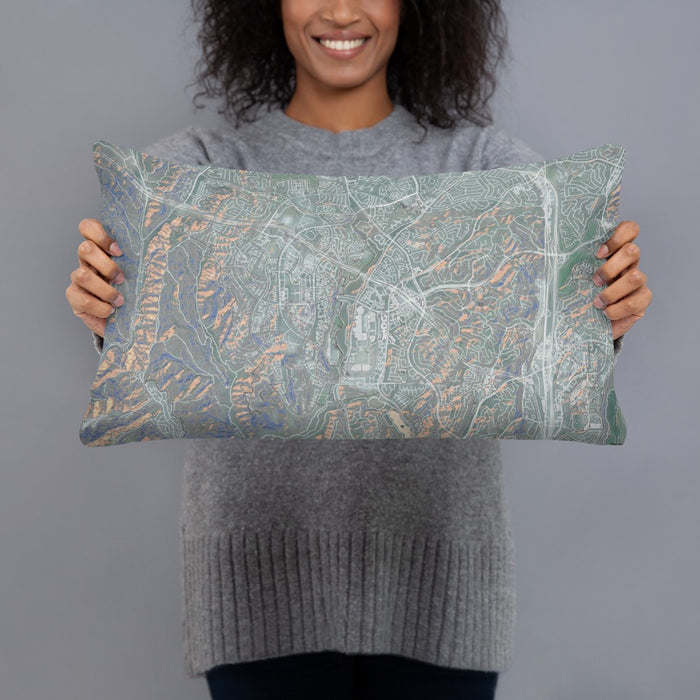 Person holding 20x12 Custom Aliso Viejo California Map Throw Pillow in Afternoon