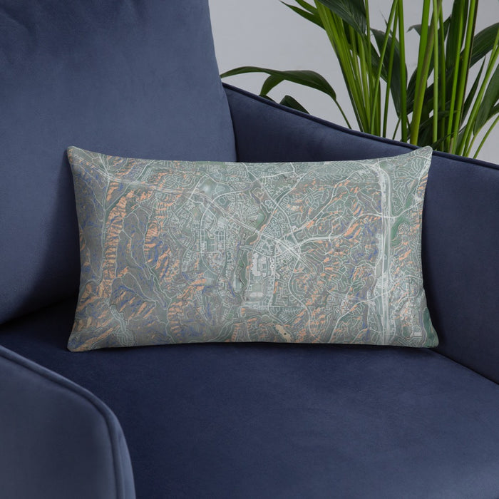 Custom Aliso Viejo California Map Throw Pillow in Afternoon on Blue Colored Chair