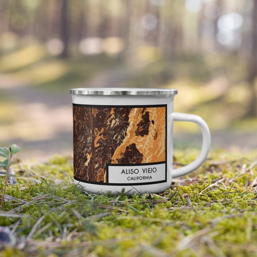 Right View Custom Aliso Viejo California Map Enamel Mug in Ember on Grass With Trees in Background