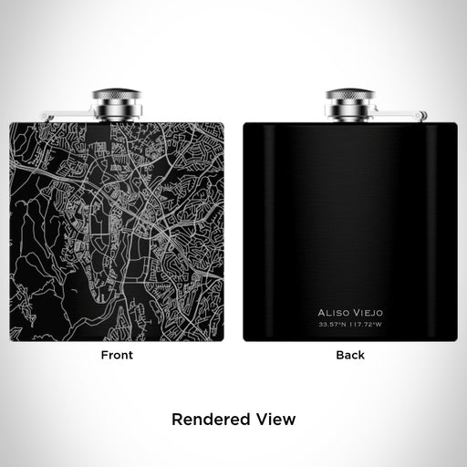 Rendered View of Aliso Viejo California Map Engraving on 6oz Stainless Steel Flask in Black